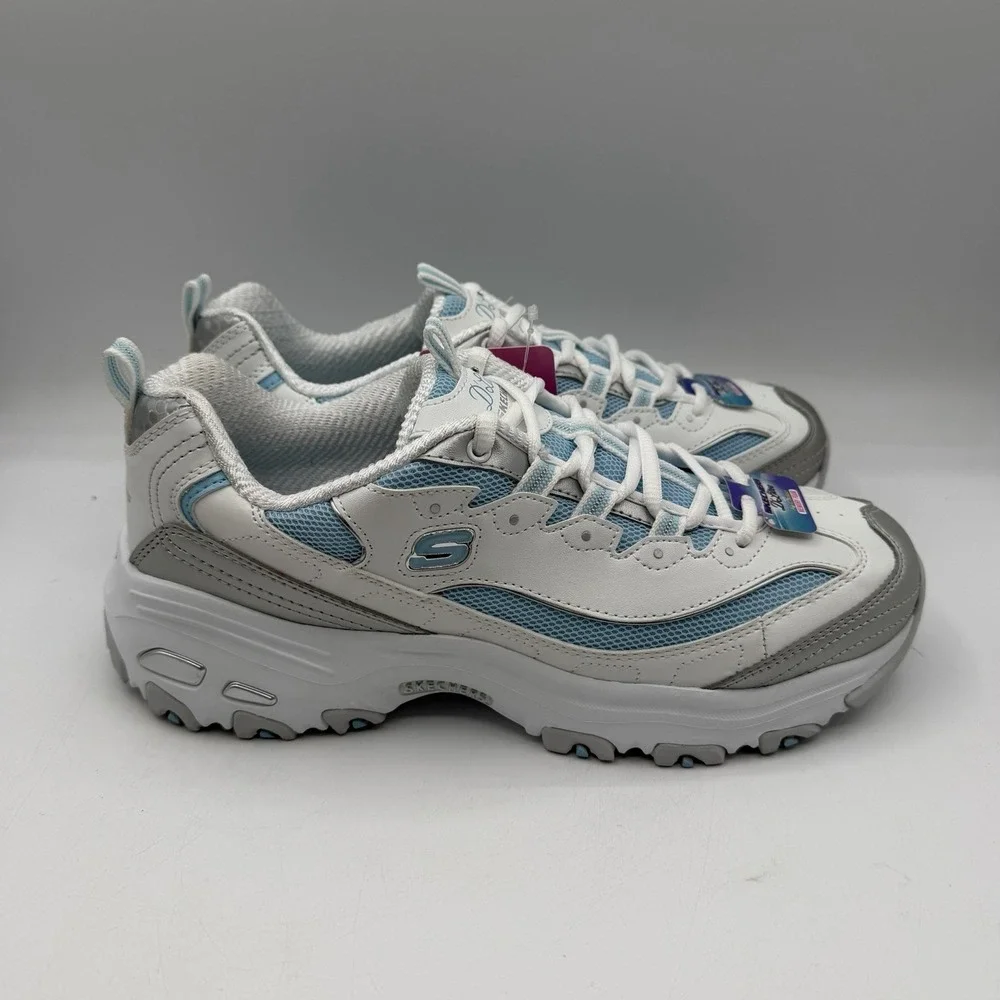 Skechers D'Lites Chromatic Shoes Womens Sz‎ 9.5 White/Silver/Light Blue Sneakers